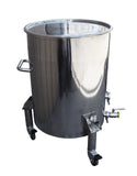 Stainless steel brewing vessel with a faucet on a white background
